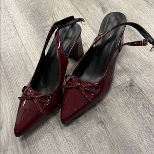 Patent Pointed-Toe Slingback Heels in Burgundy